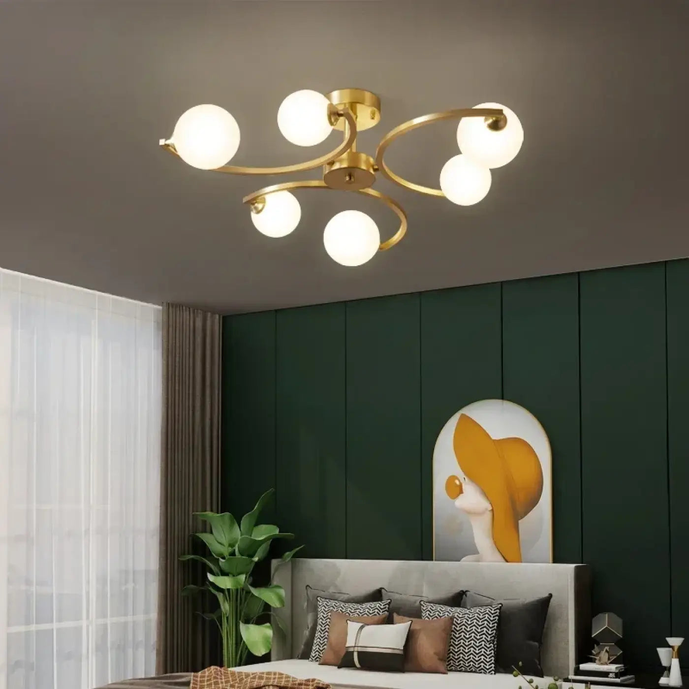 Plafonnier Doré Design Bras Courbés Globes Opalins