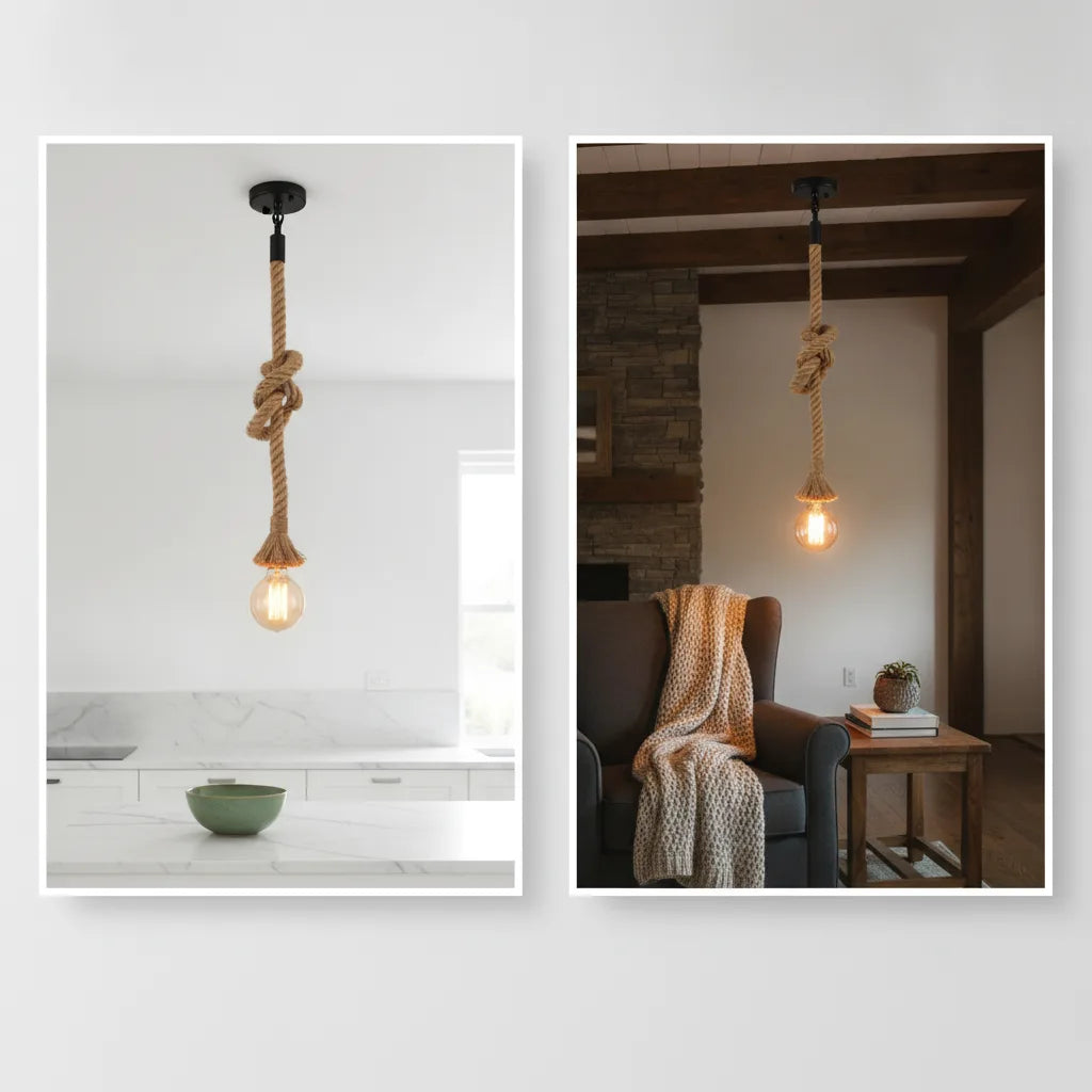 Lampe suspension corde chanvre rétro