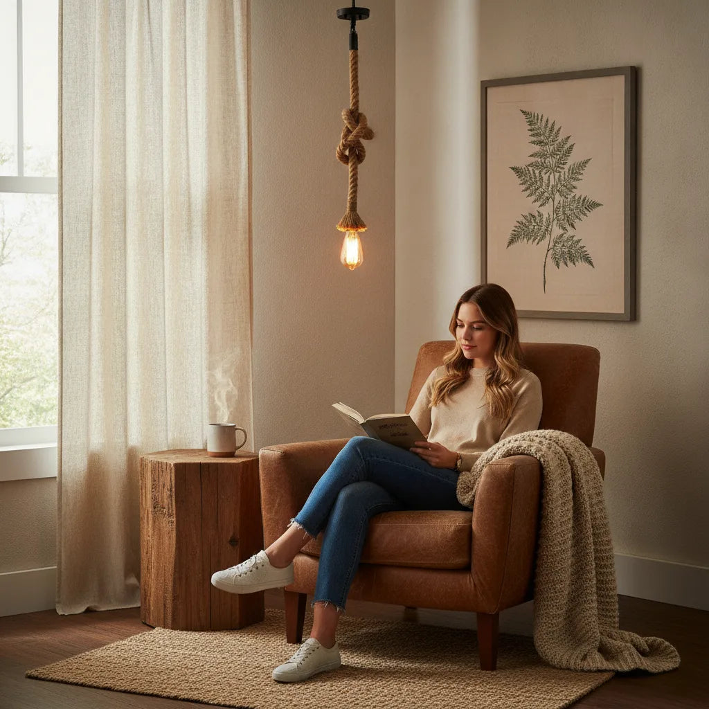 Lampe suspension corde chanvre rétro
