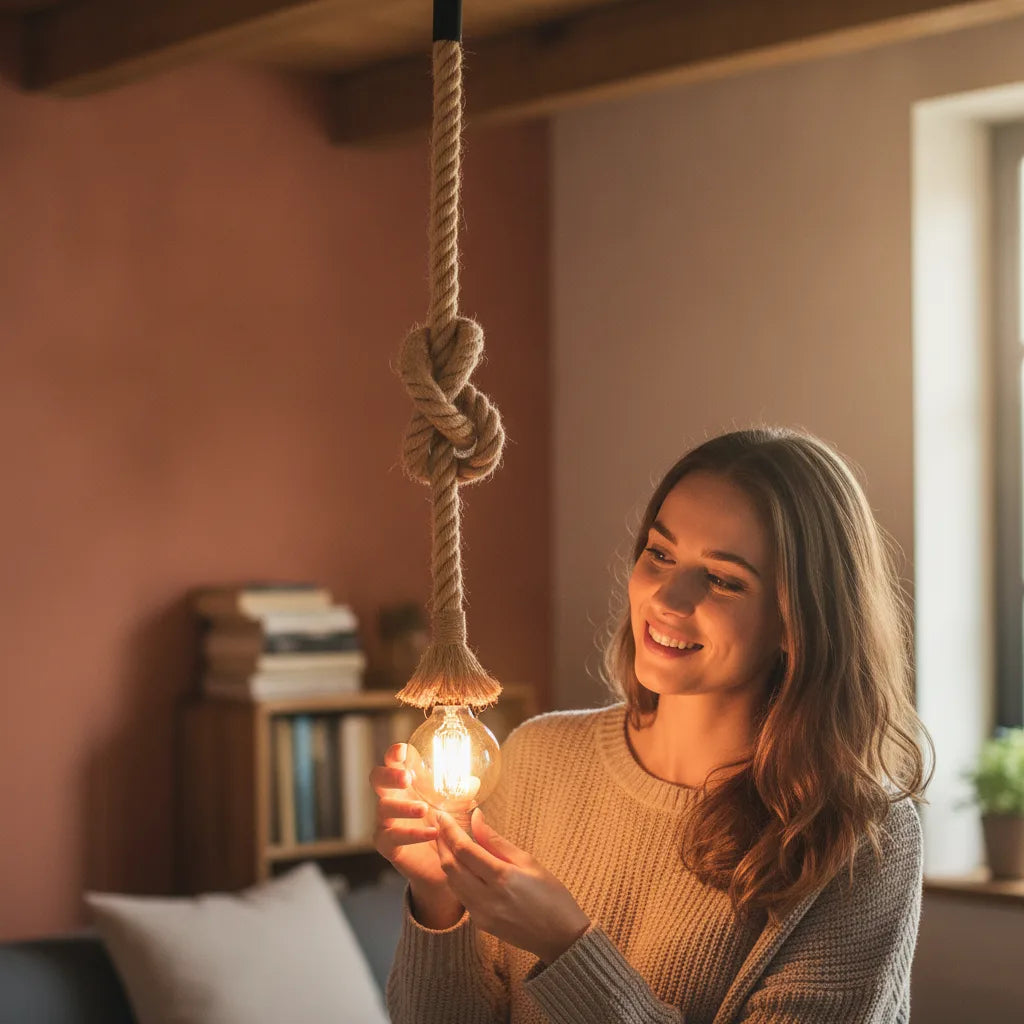 Lampe suspension corde chanvre rétro