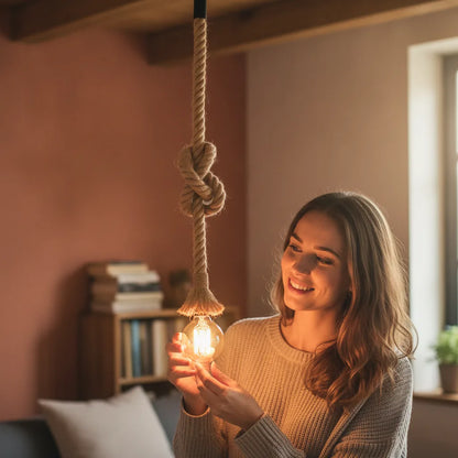 Lampe suspension corde chanvre rétro