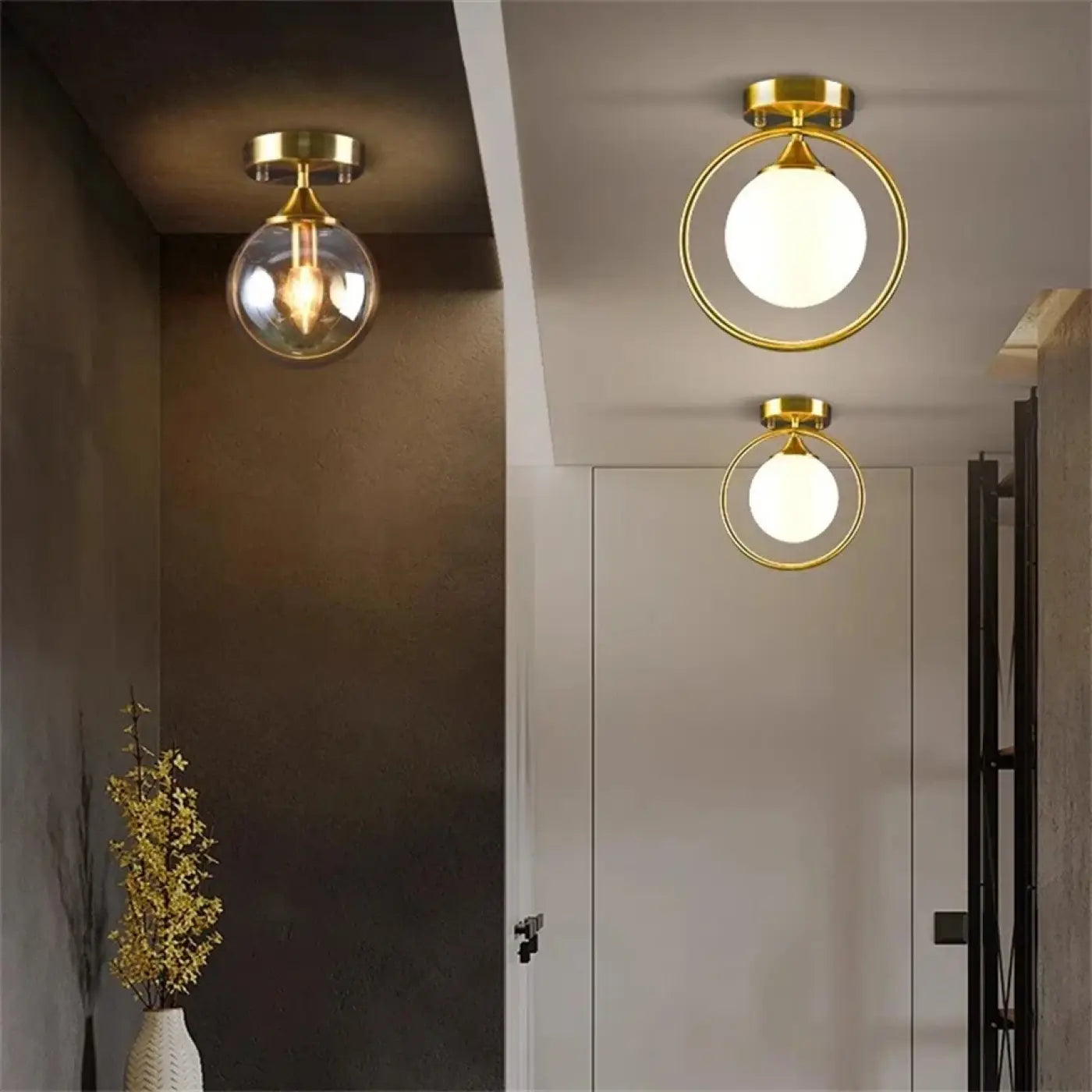 Plafonnier Design Anneau Doré & Boule Verre