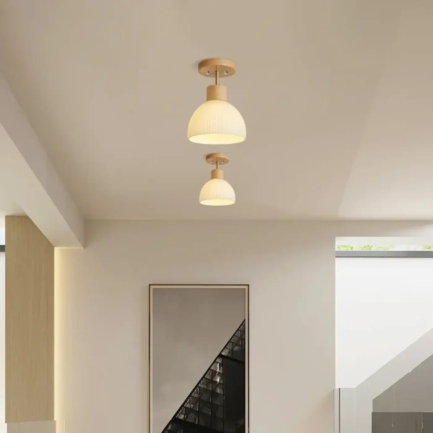 Plafonnier Scandinave Bois & Verre Opalin