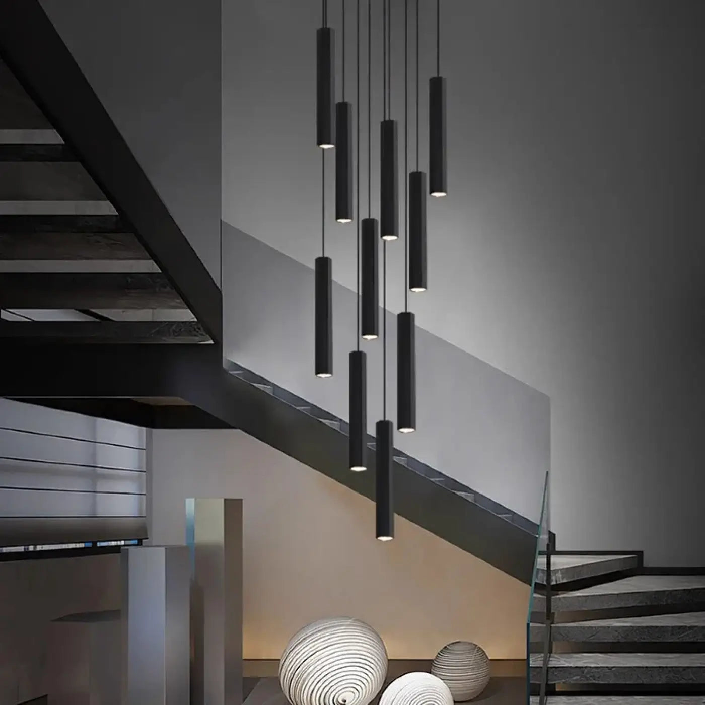 Suspension Luminaire Cascade Cylindres Noirs Design Moderne