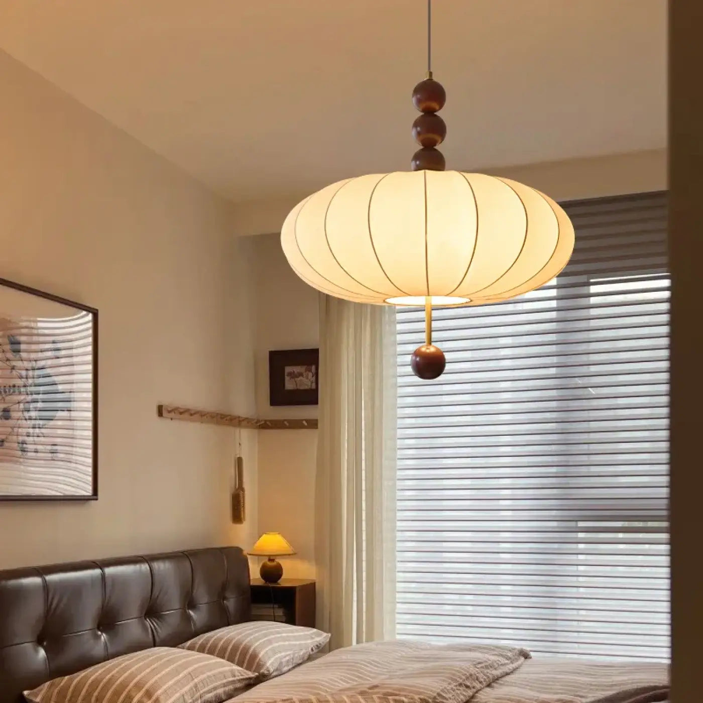 Suspension Bois & Tissu Beige Design Contemporain