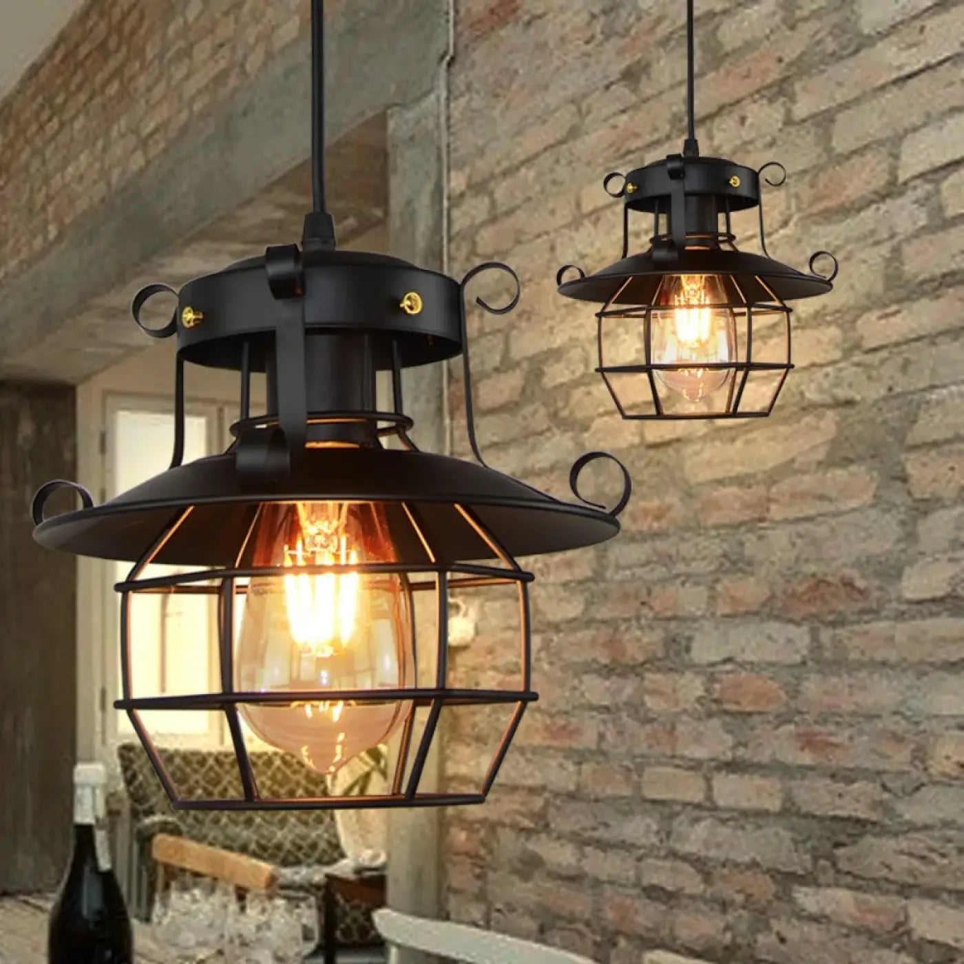 Suspension Lanterne Métal Noir Verre Style Industriel