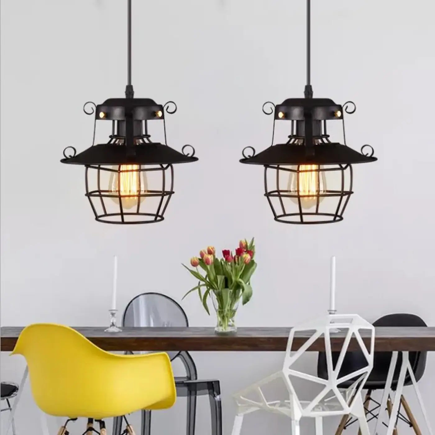 Suspension Lanterne Métal Noir Verre Style Industriel