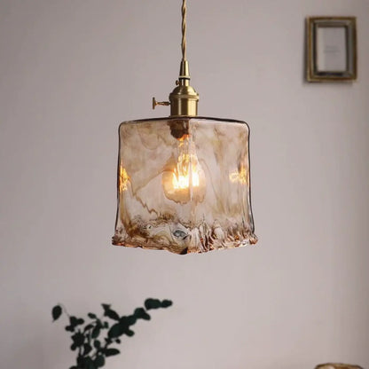 Suspension Art Déco Verre Ambré Texturé