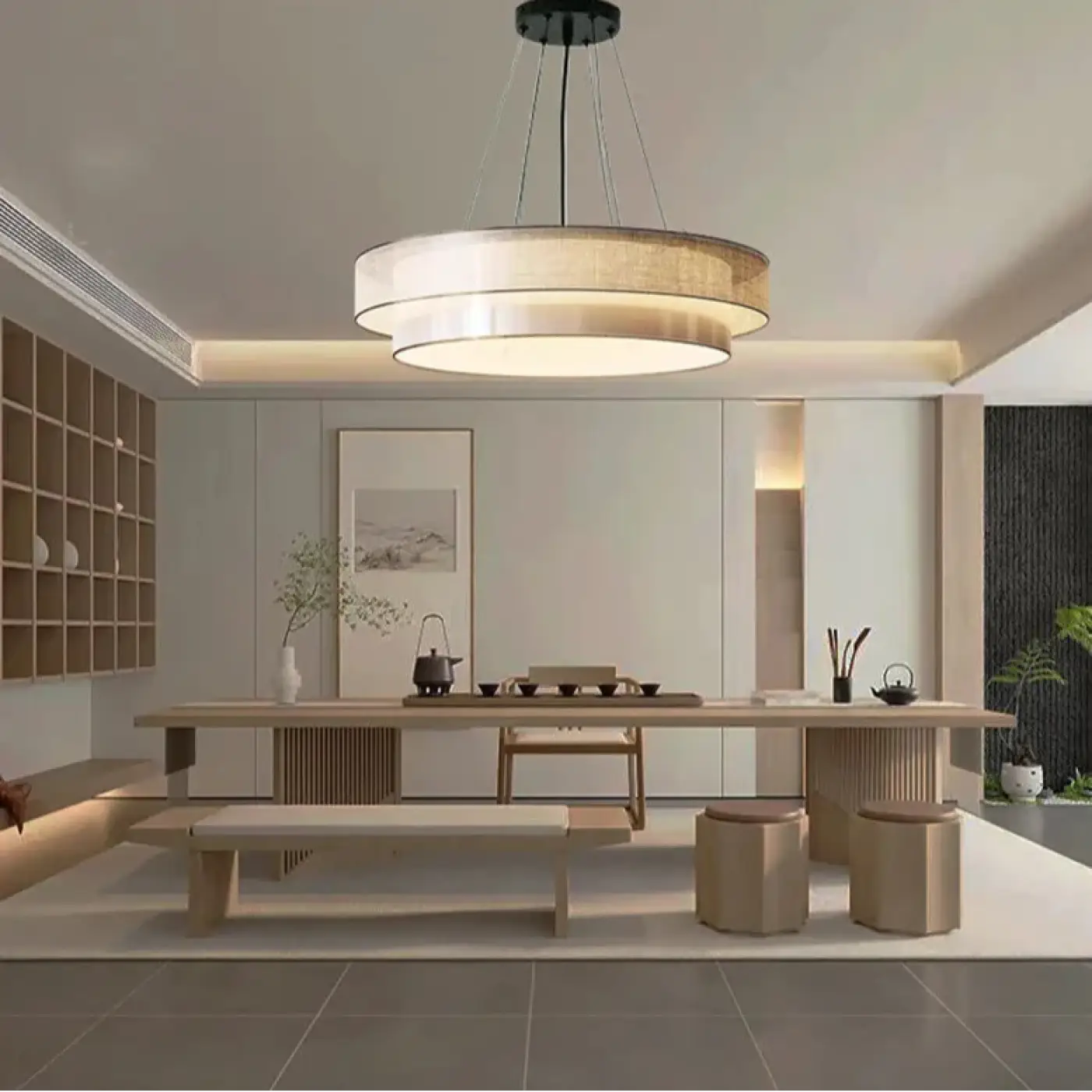 Suspension Luminaire Design Tissu Beige Rond