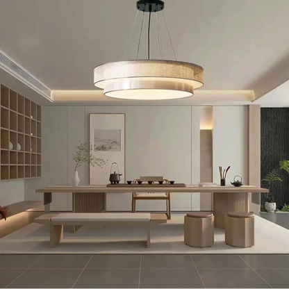Suspension Luminaire Design Tissu Beige Rond