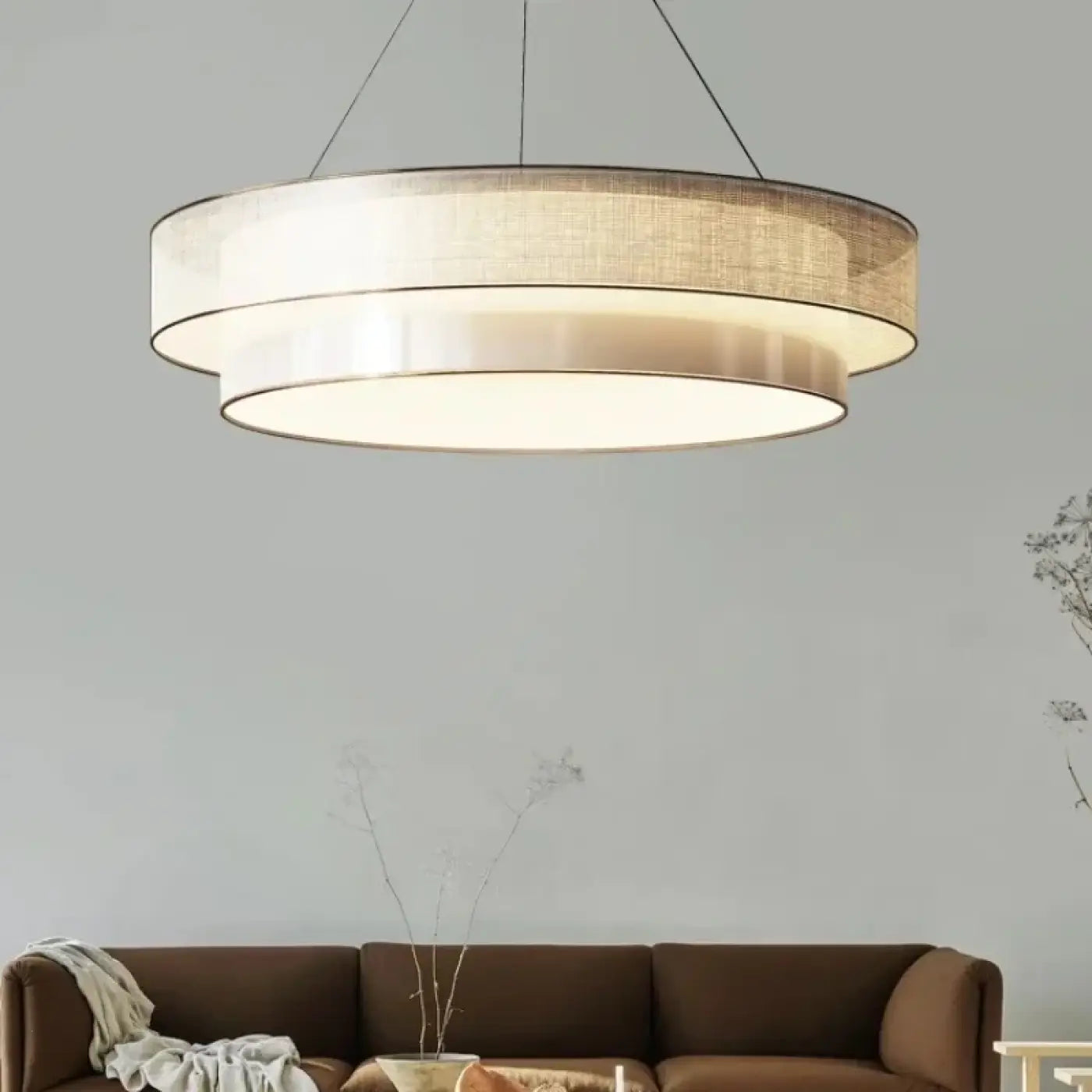 Suspension Luminaire Design Tissu Beige Rond