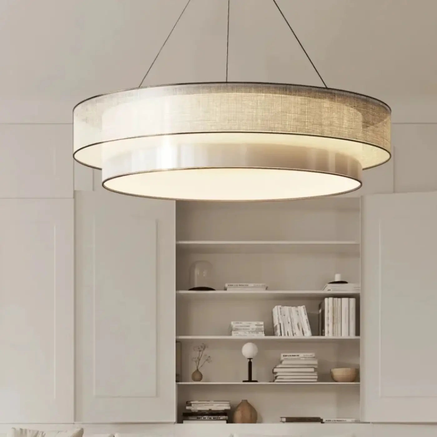 Suspension Luminaire Design Tissu Beige Rond