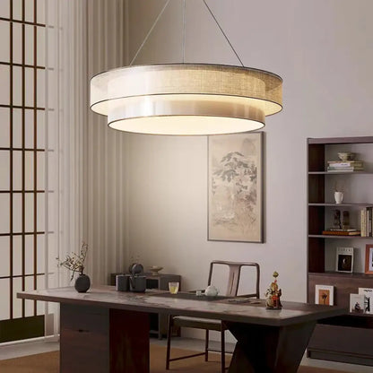 Suspension Luminaire Design Tissu Beige Rond