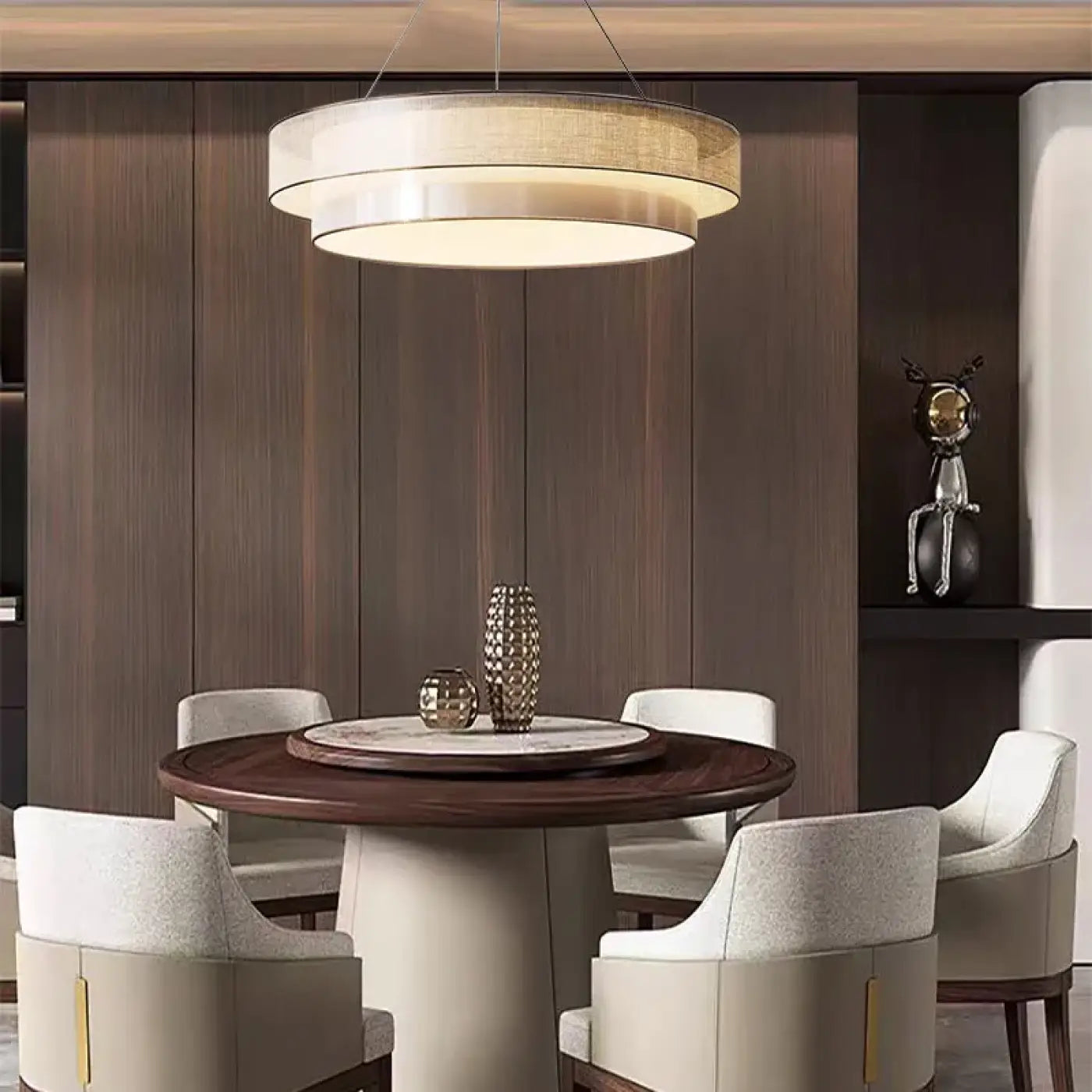 Suspension Luminaire Design Tissu Beige Rond