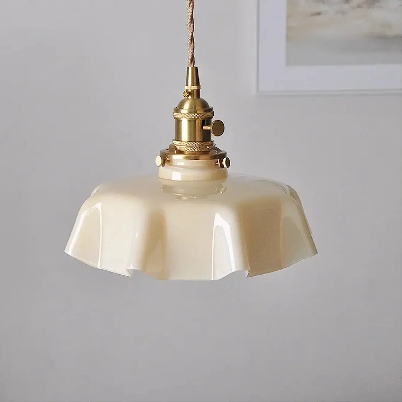 Suspension Luminaire Verre Ondulé Laiton Vieilli